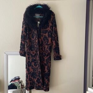 Anthropologie Women’s Brown and navy Blue Faux-Fur Trim Long sweater